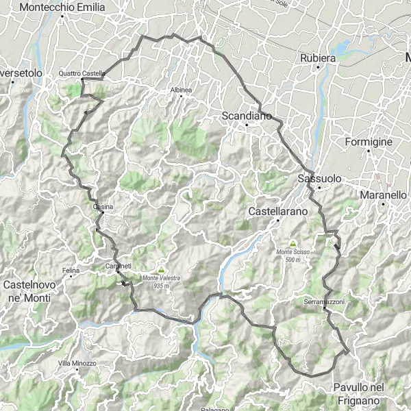 Kartminiatyr av "Quattro Castella till Bianello Road Cycling Route" cykelinspiration i Emilia-Romagna, Italy. Genererad av Tarmacs.app cykelruttplanerare