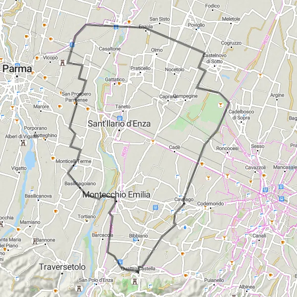 Miniaturní mapa "Kolečko okolo Quattro Castella" inspirace pro cyklisty v oblasti Emilia-Romagna, Italy. Vytvořeno pomocí plánovače tras Tarmacs.app