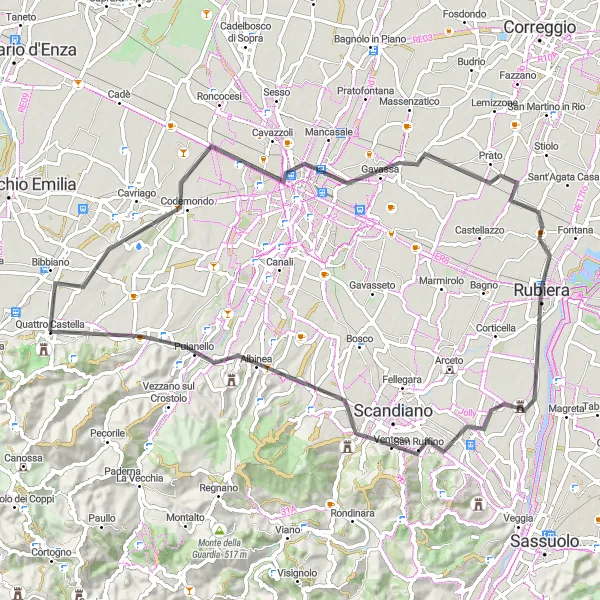 Mapa miniatúra "Okruh cez Bibbiano a Rubieru" cyklistická inšpirácia v Emilia-Romagna, Italy. Vygenerované cyklistickým plánovačom trás Tarmacs.app