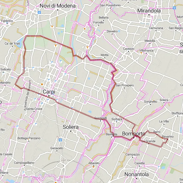 Kartminiatyr av "Äventyrlig grusrunda till Bastiglia, Carpi och Ponte San Martino" cykelinspiration i Emilia-Romagna, Italy. Genererad av Tarmacs.app cykelruttplanerare