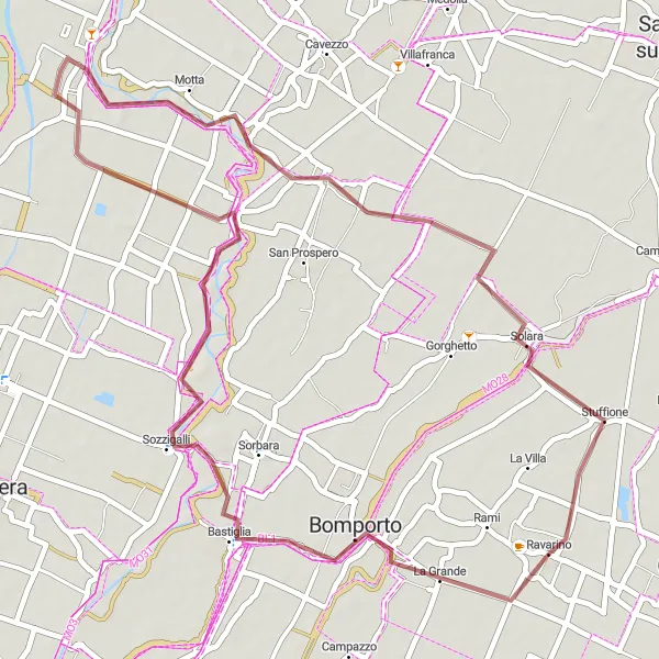 Zemljevid v pomanjšavi "Gravel kolesarska pot skozi čudovito pokrajino" kolesarske inspiracije v Emilia-Romagna, Italy. Generirano z načrtovalcem kolesarskih poti Tarmacs.app