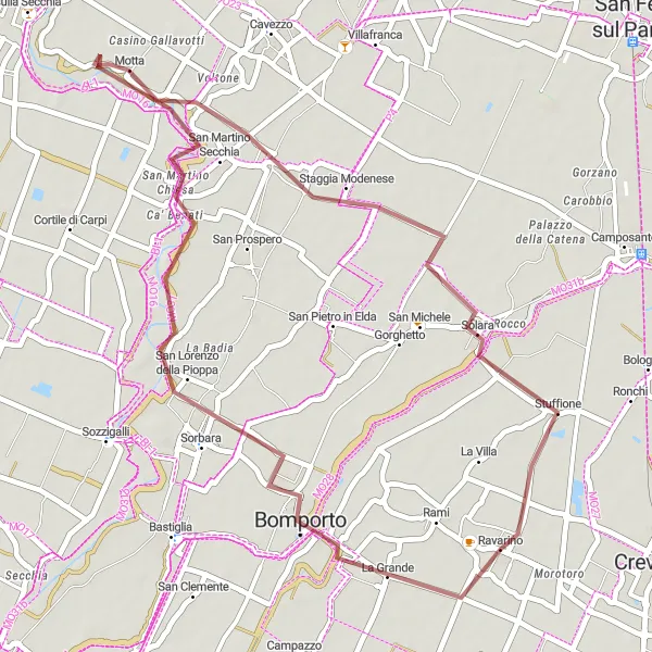 Kartminiatyr av "Kort grusvei tur fra Ravarino" sykkelinspirasjon i Emilia-Romagna, Italy. Generert av Tarmacs.app sykkelrutoplanlegger
