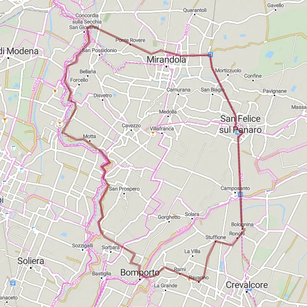 Mapa miniatúra "Gravelová dobrodružná cesta okolo Bomporta" cyklistická inšpirácia v Emilia-Romagna, Italy. Vygenerované cyklistickým plánovačom trás Tarmacs.app