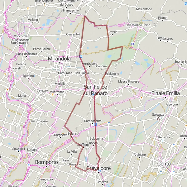 Miniatura della mappa di ispirazione al ciclismo "Tour Gravel tra Solara e Crevalcore" nella regione di Emilia-Romagna, Italy. Generata da Tarmacs.app, pianificatore di rotte ciclistiche