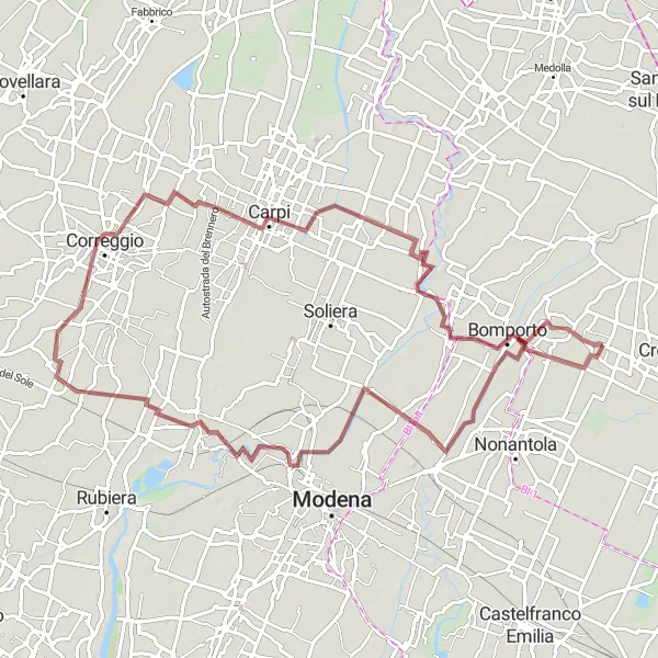 Miniatura della mappa di ispirazione al ciclismo "Avventura in Gravel tra Ravarino e Bastiglia" nella regione di Emilia-Romagna, Italy. Generata da Tarmacs.app, pianificatore di rotte ciclistiche