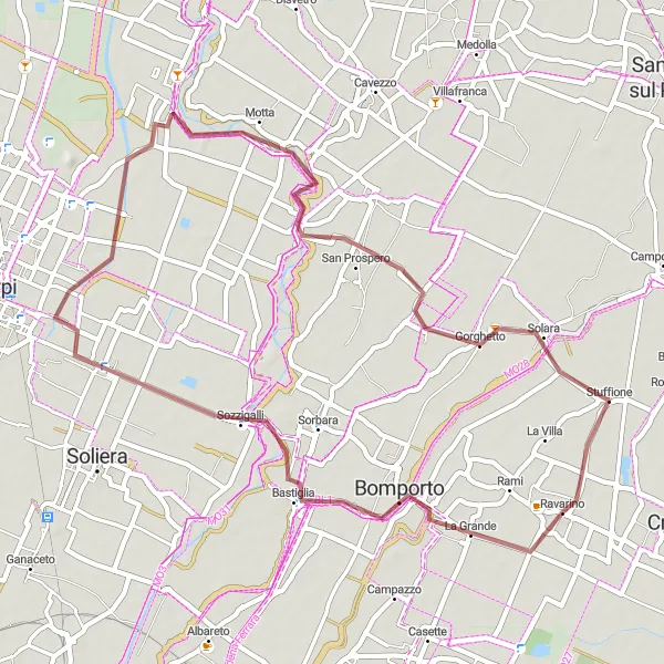 Kartminiatyr av "Avslappende grusvei runde nær Ravarino" sykkelinspirasjon i Emilia-Romagna, Italy. Generert av Tarmacs.app sykkelrutoplanlegger