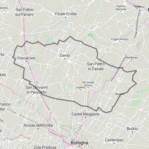 Miniatua del mapa de inspiración ciclista "Larga ruta de ciclismo en carretera cerca de Ravarino" en Emilia-Romagna, Italy. Generado por Tarmacs.app planificador de rutas ciclistas