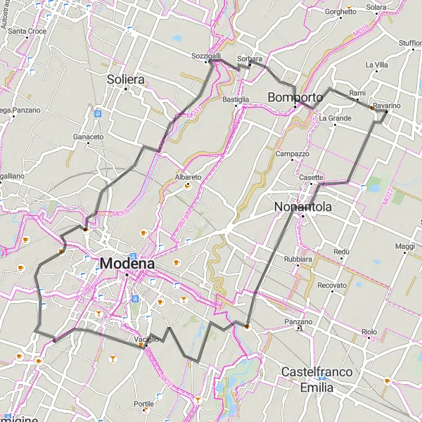 Miniature de la carte de l'inspiration cycliste "Les rives du Panaro en vélo de route" dans la Emilia-Romagna, Italy. Générée par le planificateur d'itinéraire cycliste Tarmacs.app