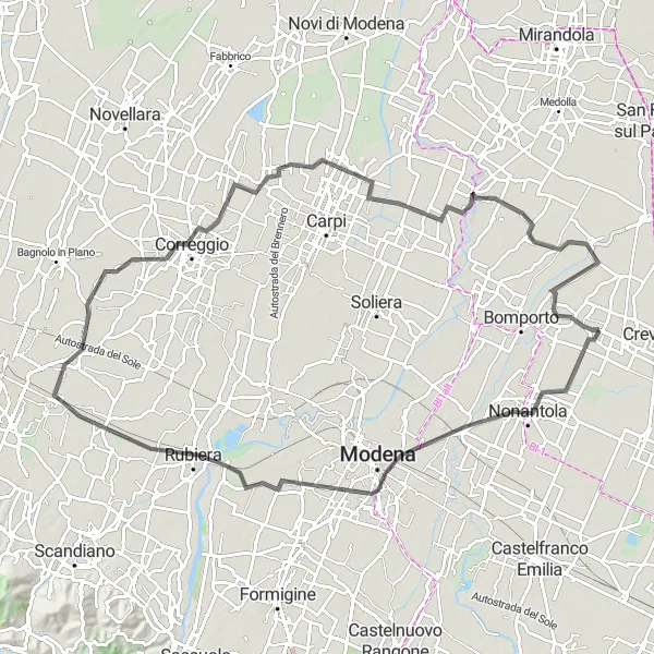 Kartminiatyr av "Veitripp rundt Ravarino" sykkelinspirasjon i Emilia-Romagna, Italy. Generert av Tarmacs.app sykkelrutoplanlegger
