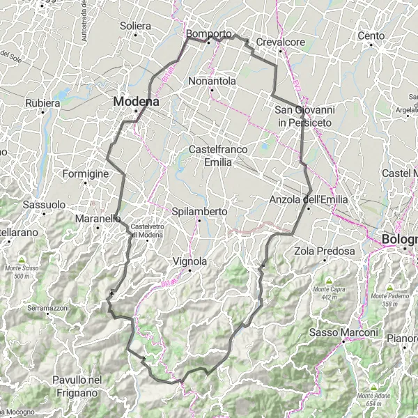 Kartminiatyr av "Utmanande rut till Sant'Agata Bolognese, Savigno och Bastiglia" cykelinspiration i Emilia-Romagna, Italy. Genererad av Tarmacs.app cykelruttplanerare
