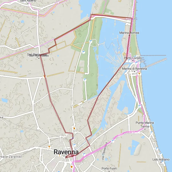 Miniatua del mapa de inspiración ciclista "Ruta de Grava cerca de Ravenna" en Emilia-Romagna, Italy. Generado por Tarmacs.app planificador de rutas ciclistas