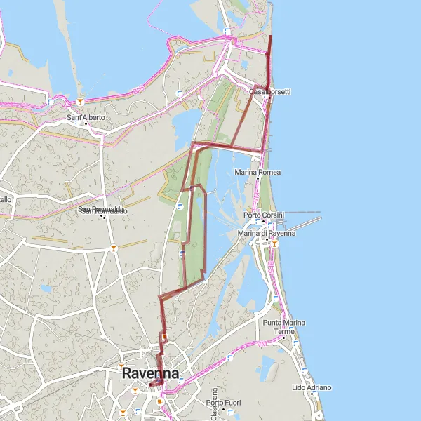 Miniatua del mapa de inspiración ciclista "Ruta de Grava alrededor de Ravenna" en Emilia-Romagna, Italy. Generado por Tarmacs.app planificador de rutas ciclistas