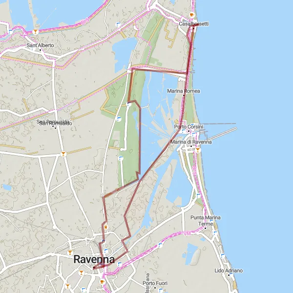 Miniatua del mapa de inspiración ciclista "Ruta de Grava por la Costa de Ravenna" en Emilia-Romagna, Italy. Generado por Tarmacs.app planificador de rutas ciclistas