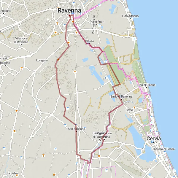Miniatua del mapa de inspiración ciclista "Ruta de Grava a través de los Mausoleos" en Emilia-Romagna, Italy. Generado por Tarmacs.app planificador de rutas ciclistas