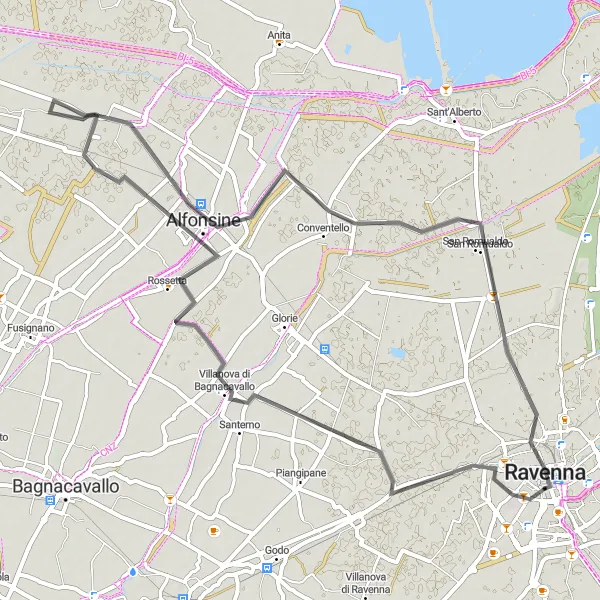 Miniatua del mapa de inspiración ciclista "Recorrido por Battistero Neoniano" en Emilia-Romagna, Italy. Generado por Tarmacs.app planificador de rutas ciclistas