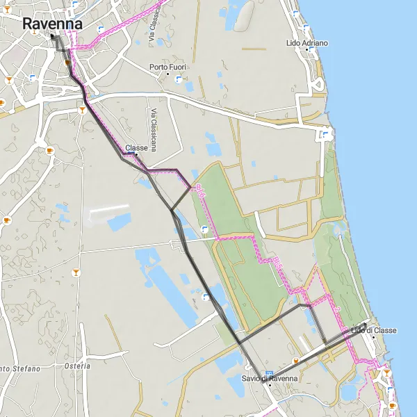 Kartminiatyr av "Kustnära landsvägsresa till Ravenna" cykelinspiration i Emilia-Romagna, Italy. Genererad av Tarmacs.app cykelruttplanerare