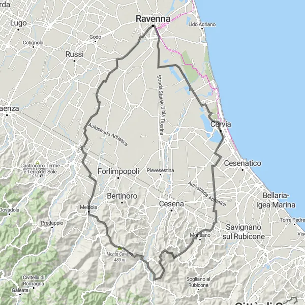 Miniatua del mapa de inspiración ciclista "Ruta de carretera hacia Ravenna" en Emilia-Romagna, Italy. Generado por Tarmacs.app planificador de rutas ciclistas