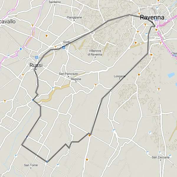 Kartminiatyr av "Landsbygdscykling nära Ravenna" cykelinspiration i Emilia-Romagna, Italy. Genererad av Tarmacs.app cykelruttplanerare