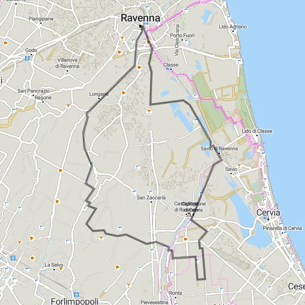 Miniature de la carte de l'inspiration cycliste "Road Charm: Autour de Ravenna" dans la Emilia-Romagna, Italy. Générée par le planificateur d'itinéraire cycliste Tarmacs.app