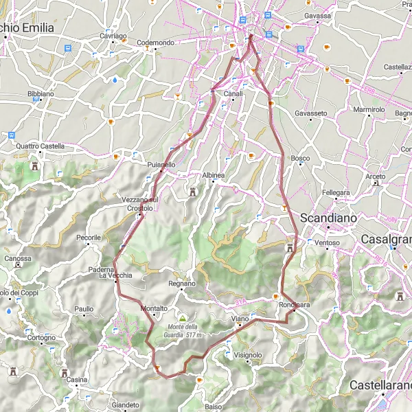 Miniatua del mapa de inspiración ciclista "Ruta de Grava a Monte Vecchio" en Emilia-Romagna, Italy. Generado por Tarmacs.app planificador de rutas ciclistas
