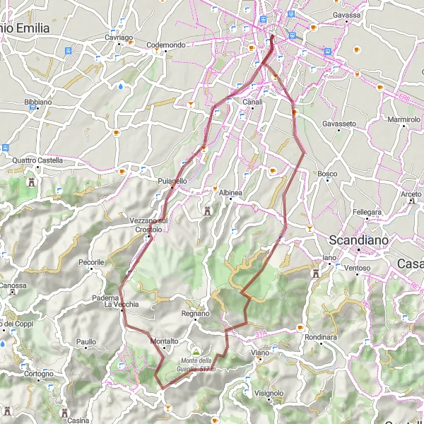 Kartminiatyr av "Åk på grusvägar till Vezzano sul Crostolo" cykelinspiration i Emilia-Romagna, Italy. Genererad av Tarmacs.app cykelruttplanerare