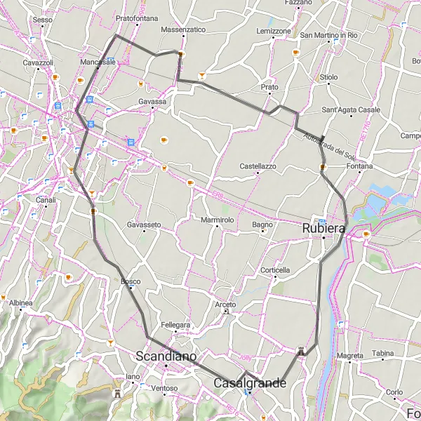 Miniaturní mapa "Krásy Emilia-Romagna na kole" inspirace pro cyklisty v oblasti Emilia-Romagna, Italy. Vytvořeno pomocí plánovače tras Tarmacs.app