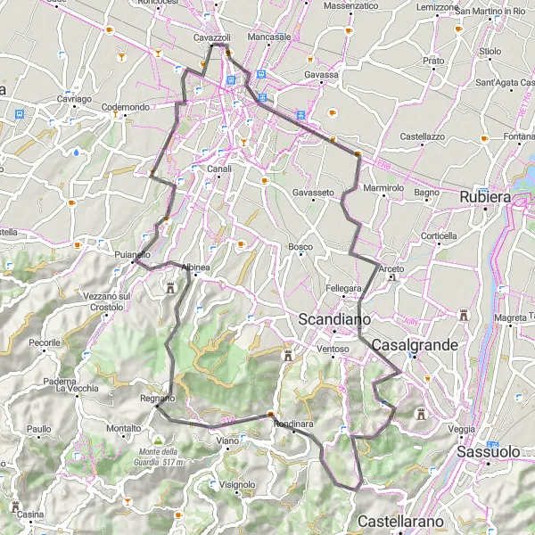 Miniaturní mapa "Okruh kolem Reggio nell'Emilia" inspirace pro cyklisty v oblasti Emilia-Romagna, Italy. Vytvořeno pomocí plánovače tras Tarmacs.app