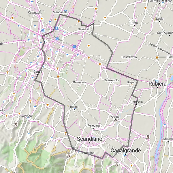 Kartminiatyr av "Spännande cykeltur till Casalgrande och Tre Croci" cykelinspiration i Emilia-Romagna, Italy. Genererad av Tarmacs.app cykelruttplanerare