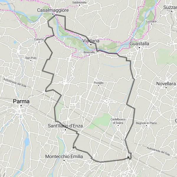 Miniatura della mappa di ispirazione al ciclismo "Cicloescursione verso Viadana" nella regione di Emilia-Romagna, Italy. Generata da Tarmacs.app, pianificatore di rotte ciclistiche