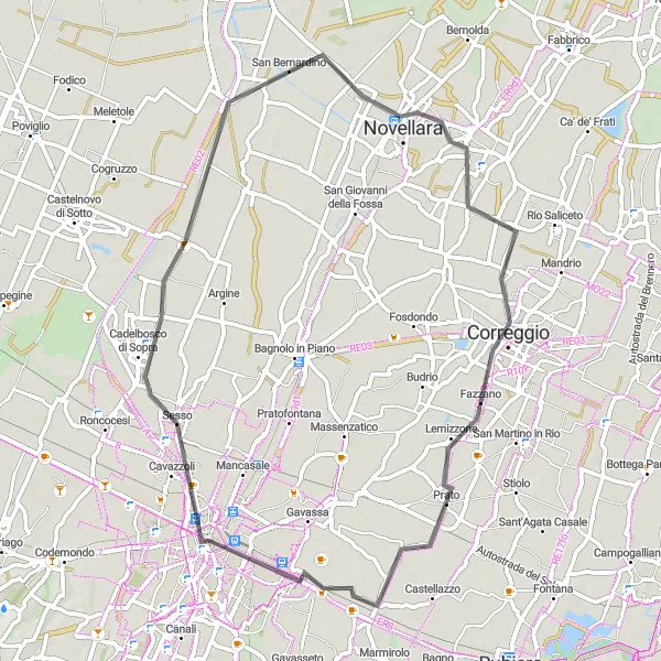 Map miniature of "Cycling through the Emilian countryside" cycling inspiration in Emilia-Romagna, Italy. Generated by Tarmacs.app cycling route planner