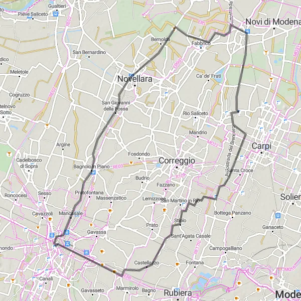 Mapa miniatúra "Okruh cez Reggio nell'Emilia a okolie" cyklistická inšpirácia v Emilia-Romagna, Italy. Vygenerované cyklistickým plánovačom trás Tarmacs.app