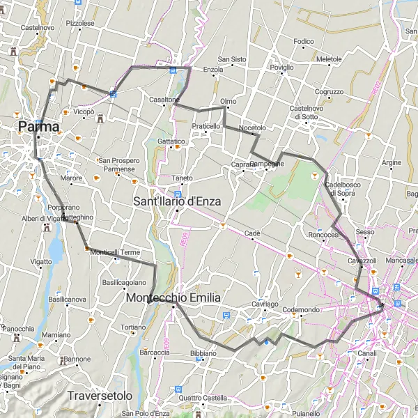 Map miniature of "The Parma Route: Cultural Enclaves and Charming Villages" cycling inspiration in Emilia-Romagna, Italy. Generated by Tarmacs.app cycling route planner