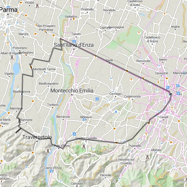 Map miniature of "The Castles and Valleys Route" cycling inspiration in Emilia-Romagna, Italy. Generated by Tarmacs.app cycling route planner