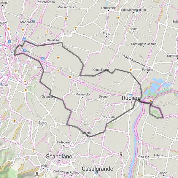 Zemljevid v pomanjšavi "Kolesarska pot do Reggio nell'Emilia po cesti" kolesarske inspiracije v Emilia-Romagna, Italy. Generirano z načrtovalcem kolesarskih poti Tarmacs.app