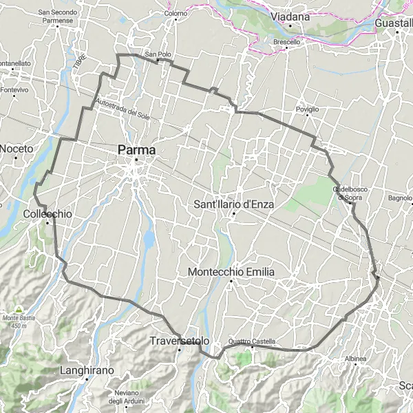 Kartminiatyr av "Rundtur til Quattro Castella og Chiostro Piccolo" sykkelinspirasjon i Emilia-Romagna, Italy. Generert av Tarmacs.app sykkelrutoplanlegger