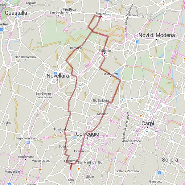 Miniaturní mapa "Gravelová cyklotrasa okolo Reggiola" inspirace pro cyklisty v oblasti Emilia-Romagna, Italy. Vytvořeno pomocí plánovače tras Tarmacs.app