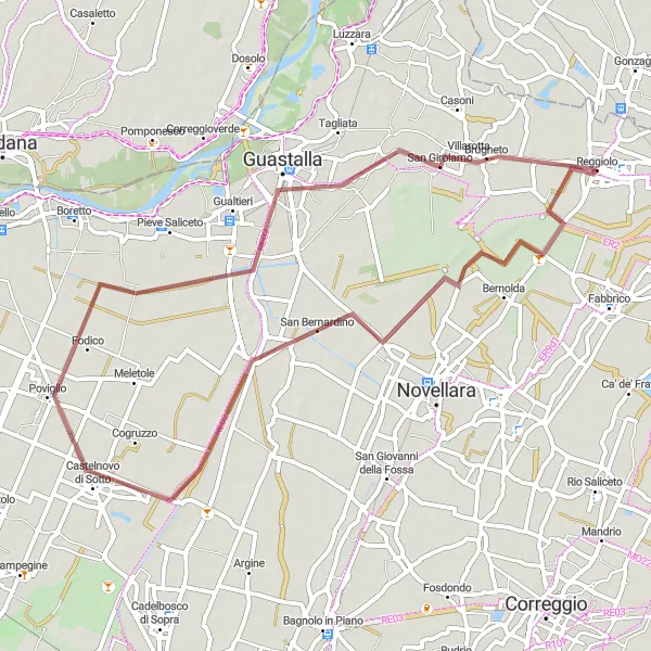 Miniature de la carte de l'inspiration cycliste "Boucle de Poviglio" dans la Emilia-Romagna, Italy. Générée par le planificateur d'itinéraire cycliste Tarmacs.app