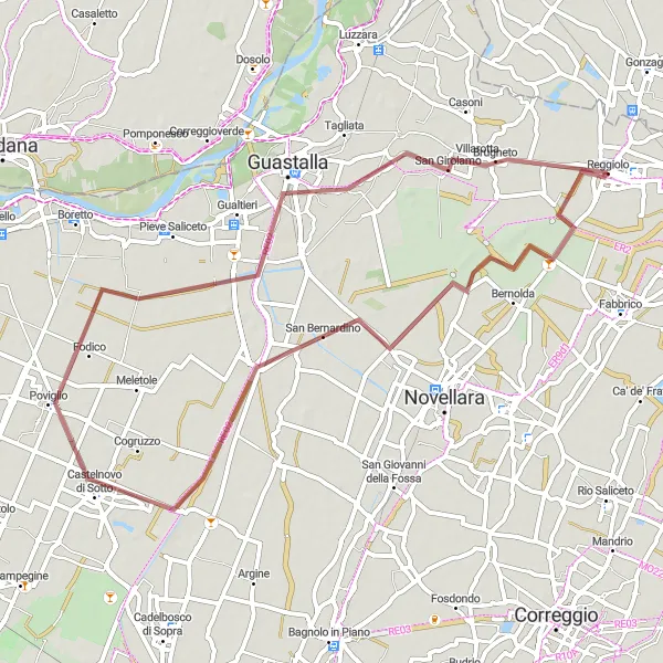 Miniatuurkaart van de fietsinspiratie "Grindpaden van Poviglio" in Emilia-Romagna, Italy. Gemaakt door de Tarmacs.app fietsrouteplanner