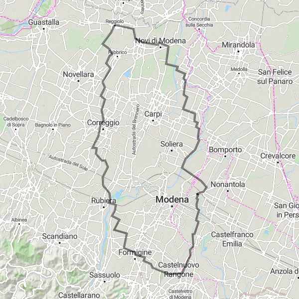 Miniaturní mapa "Krajinná cesta kolem Reggiola" inspirace pro cyklisty v oblasti Emilia-Romagna, Italy. Vytvořeno pomocí plánovače tras Tarmacs.app