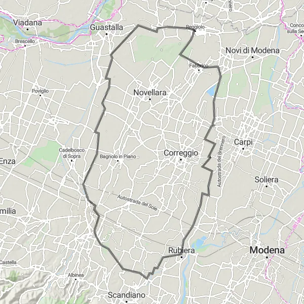 Miniatura della mappa di ispirazione al ciclismo "Giro tra Modena e Reggio nell'Emilia" nella regione di Emilia-Romagna, Italy. Generata da Tarmacs.app, pianificatore di rotte ciclistiche