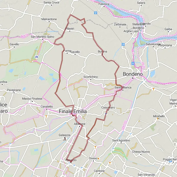 Miniatua del mapa de inspiración ciclista "Ruta de ciclismo en gravilla desde Renazzo" en Emilia-Romagna, Italy. Generado por Tarmacs.app planificador de rutas ciclistas