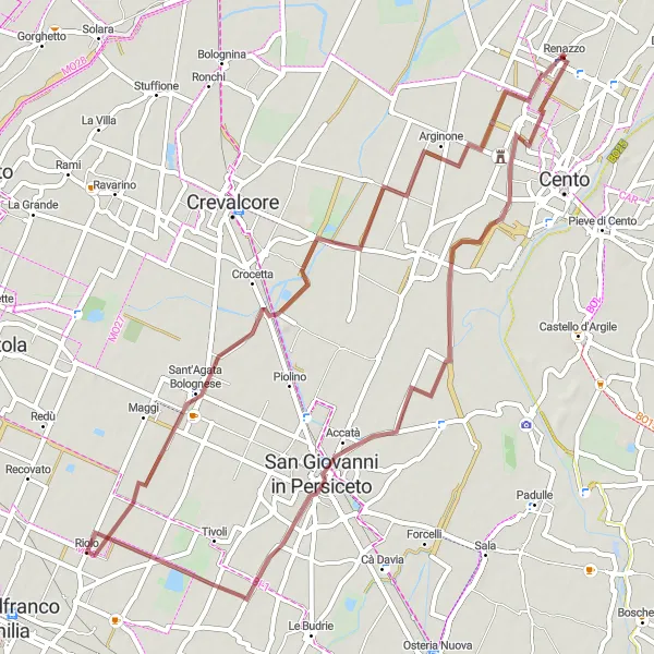 Map miniature of "Gravel Route Starting near Renazzo" cycling inspiration in Emilia-Romagna, Italy. Generated by Tarmacs.app cycling route planner
