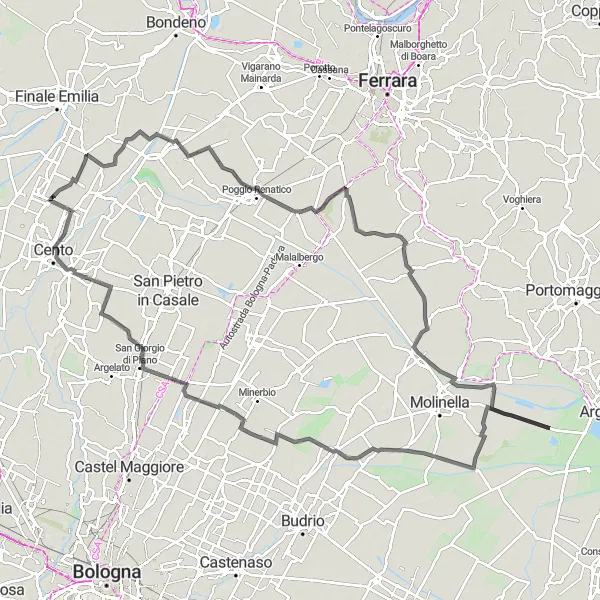 Miniatua del mapa de inspiración ciclista "Ruta de Renazzo a Bentivoglio por Marmorta" en Emilia-Romagna, Italy. Generado por Tarmacs.app planificador de rutas ciclistas