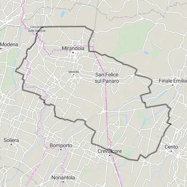 Miniatua del mapa de inspiración ciclista "Ruta de ciclismo de carretera a través de Renazzo" en Emilia-Romagna, Italy. Generado por Tarmacs.app planificador de rutas ciclistas