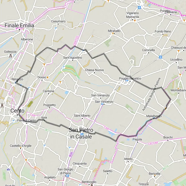Karttaminiaatyyri "Maantiematka Renazzon ympäristöön" pyöräilyinspiraatiosta alueella Emilia-Romagna, Italy. Luotu Tarmacs.app pyöräilyreittisuunnittelijalla