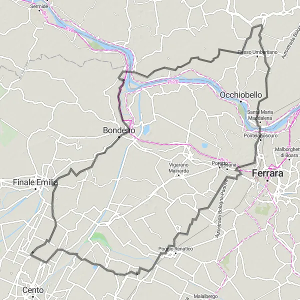 Miniatua del mapa de inspiración ciclista "Ruta de Renazzo a Galliera por Pontelagoscuro" en Emilia-Romagna, Italy. Generado por Tarmacs.app planificador de rutas ciclistas