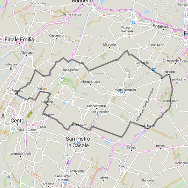 Miniatua del mapa de inspiración ciclista "Ruta de ciclismo en carretera desde Renazzo" en Emilia-Romagna, Italy. Generado por Tarmacs.app planificador de rutas ciclistas