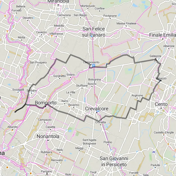 Miniatura della mappa di ispirazione al ciclismo "Tour in bici tra Renazzo e Palata Pepoli attraverso Bastiglia e Sorbara" nella regione di Emilia-Romagna, Italy. Generata da Tarmacs.app, pianificatore di rotte ciclistiche