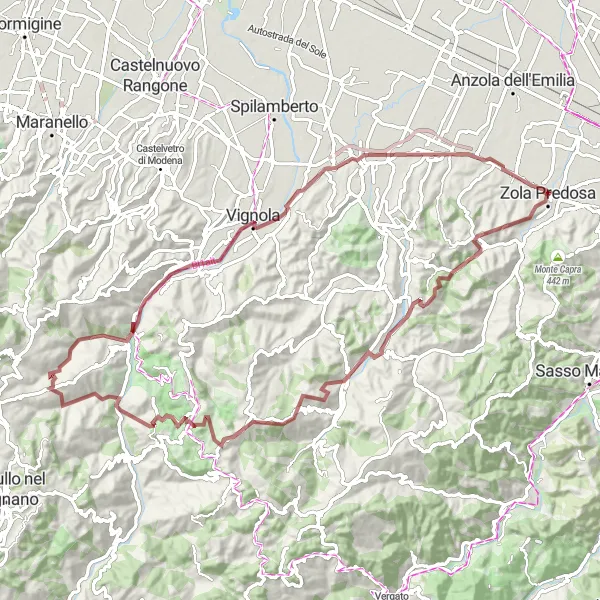Miniatua del mapa de inspiración ciclista "Ruta Gravel de San Lorenzo a Zola Predosa" en Emilia-Romagna, Italy. Generado por Tarmacs.app planificador de rutas ciclistas