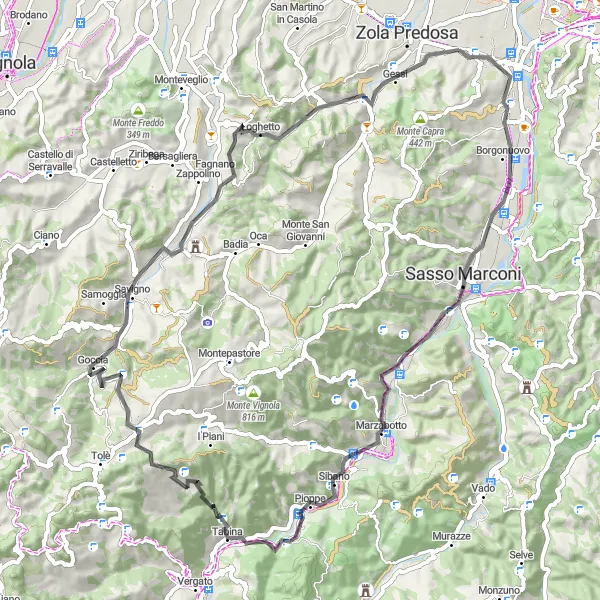 Kartminiatyr av "Opplev naturen og kulturen på vei til Savigno" sykkelinspirasjon i Emilia-Romagna, Italy. Generert av Tarmacs.app sykkelrutoplanlegger